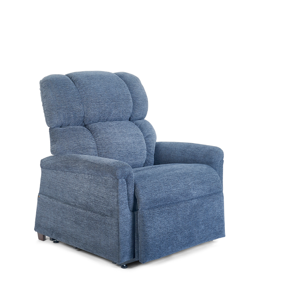 The Golden Tech PR531 Comforter Recliner with Lift Assist is a plush blue upholstered chair featuring a tufted backrest, padded armrests, and soft textured fabric, shown isolated on a white background.